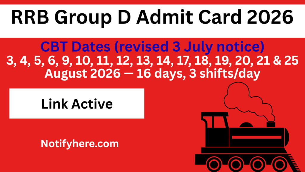 RRB Group D Admit Card 2026 (Link Active) Zone-Wise Download Links, Exam Date & City Slip