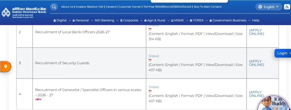 IOB Recruitment 2026-27 apply online link