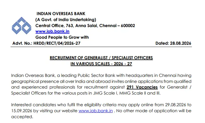 IOB Category Wise and Post wise Vacancies details