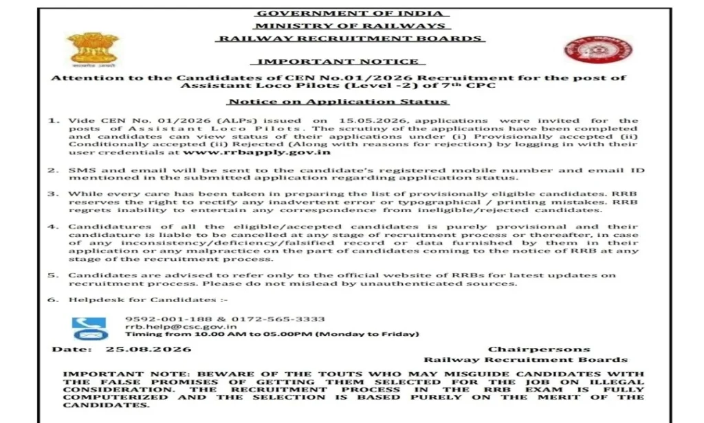 RRB ALP 2026 Application Status official Notification