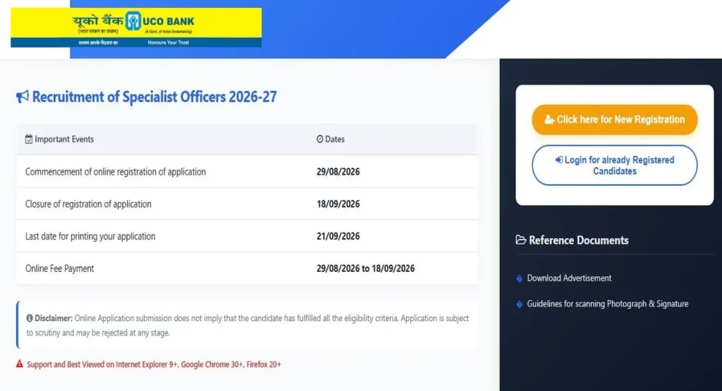 UCO Bank Generalist and Specialist Officer Recruitment 2026