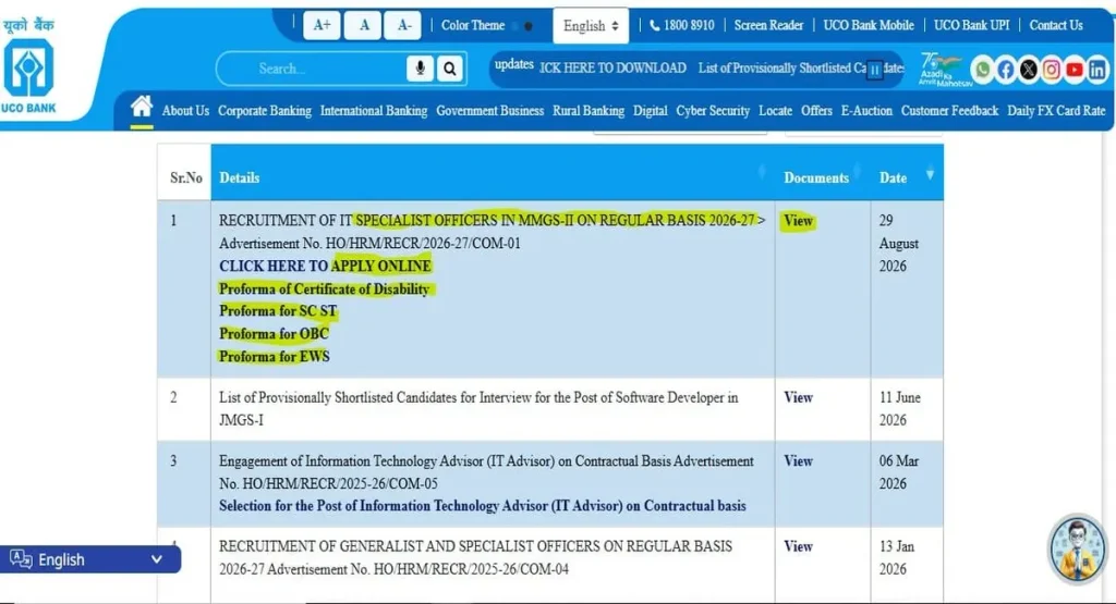 UCO Bank SO Recruitment 2026