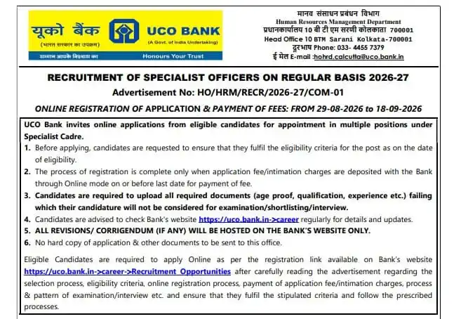 UCO Bank Specialist Officer Recruitment 2026