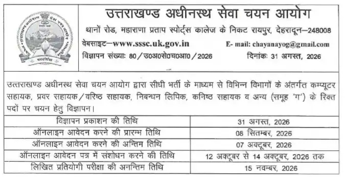 UKSSSC Junior Assistant 553 Posts New Notification 2026