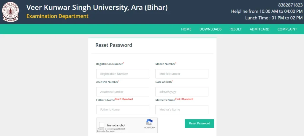 VKSU UG Semester 3 Exam Form 2026 Session 2025-29 Reset Possword