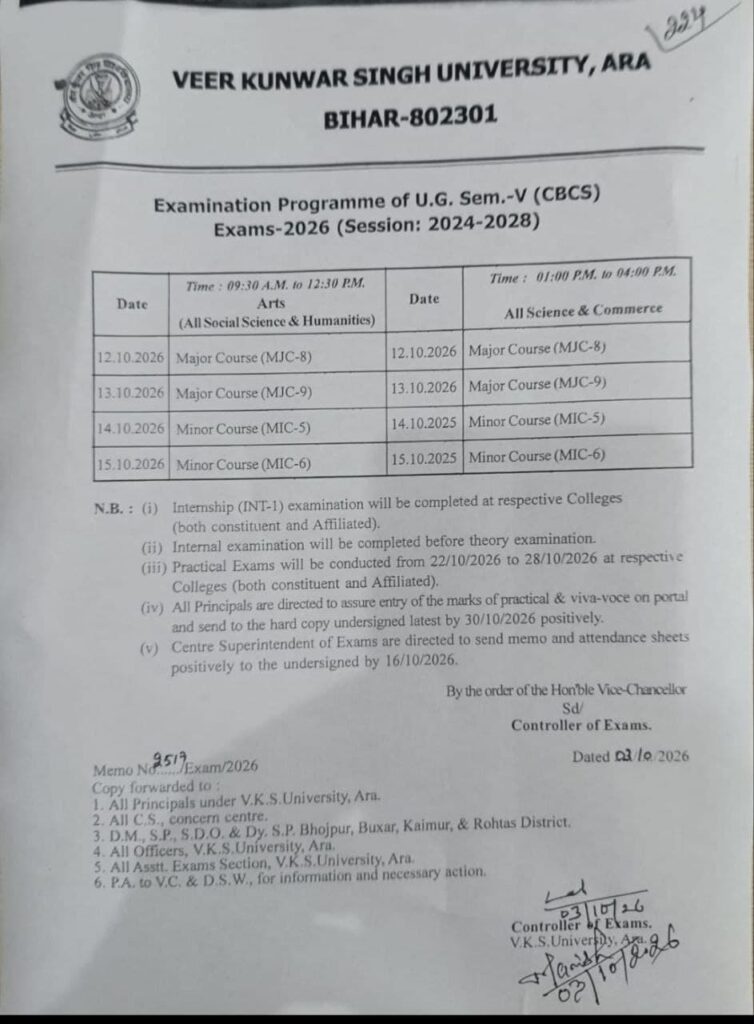 vksu semester 5 exam date 2026