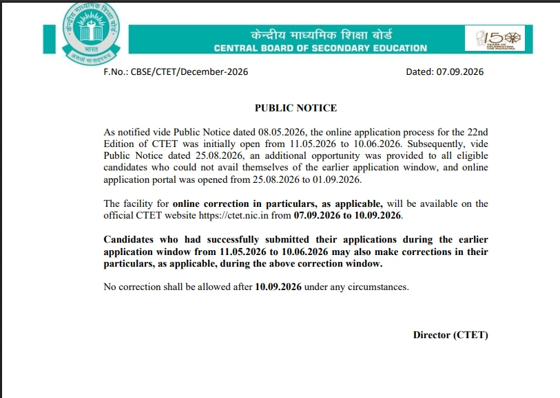 CTET December 2026 Application Correction Window