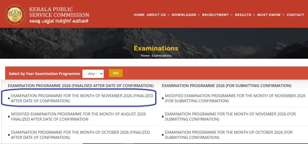 KPSC Exam Calendar November 2026