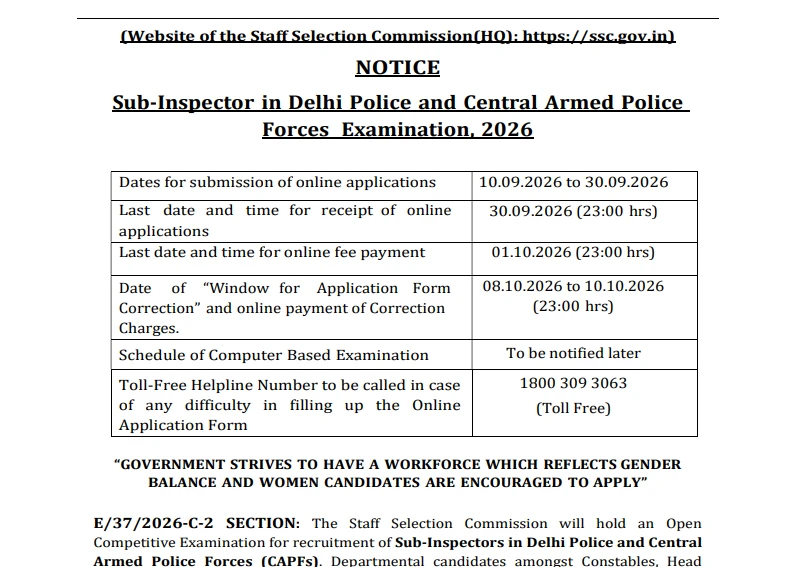 SSC CPO 2026 Notification Out