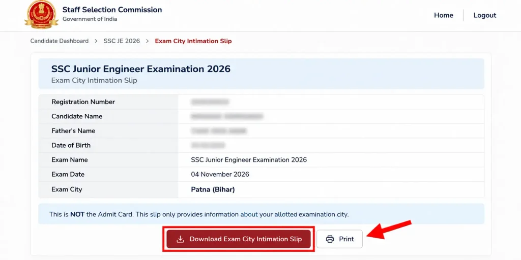 Your city information should appear if the facility is available for your application. Check the allotted examination city carefully and download or print the information if the option is provided.