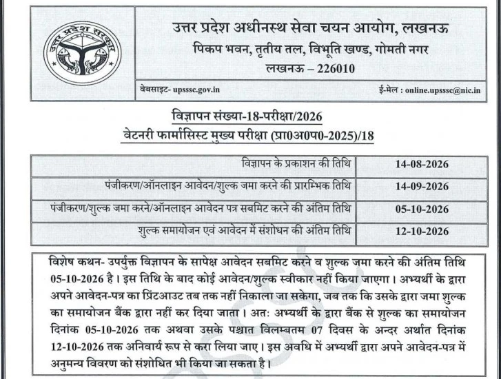 UPSSSC Veterinary Pharmacist Recruitment 2026