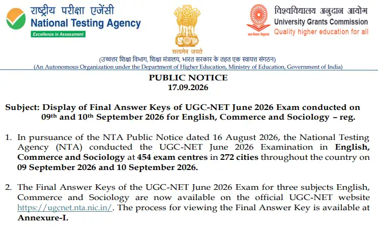 UGC NET June 2026 Final Answer Key Released