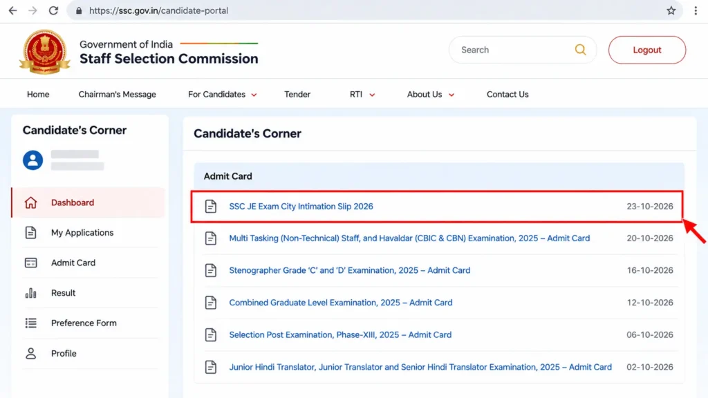 Find the City Intimation Slip or Exam City Details option.