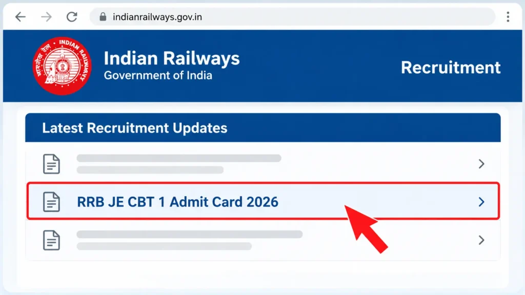 Find the RRB JE CBT 1 Admit Card 2026 or E-Call Letter link.