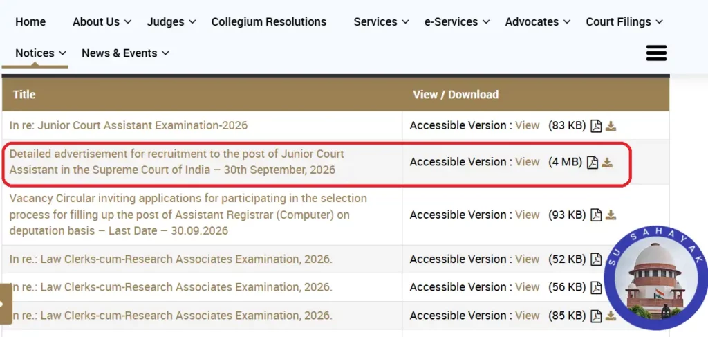 Indian Supreme Court JCA Recruitment 2026