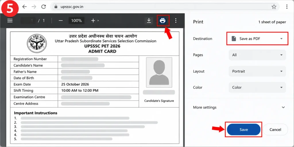 Step 5: Save or Print the pet  Admit Card 