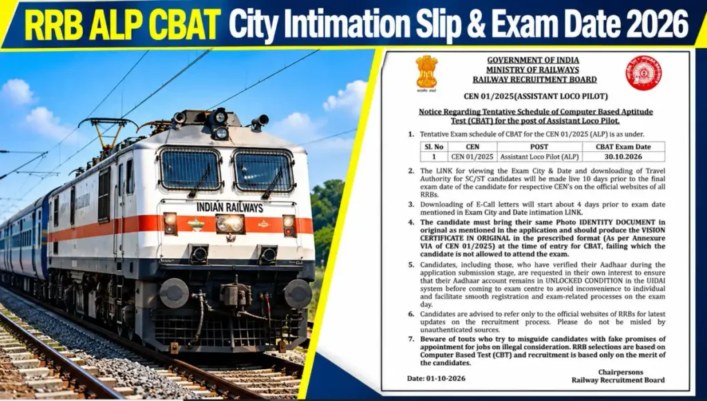 RRB ALP CBAT City Intimation Slip & Exam Date 2026