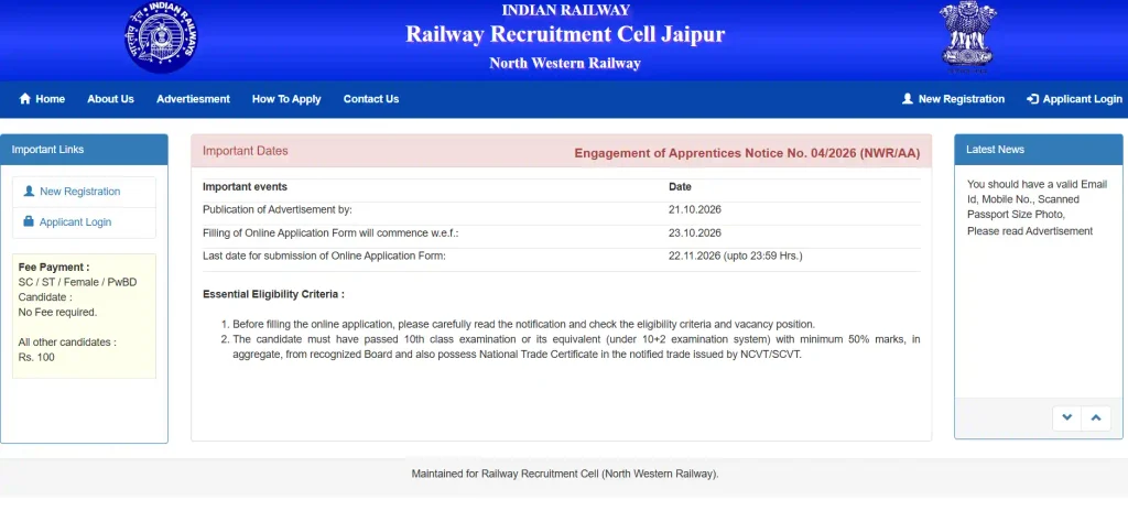 RRC NWR Apprentice 2026 Trade Wise Vacancy List