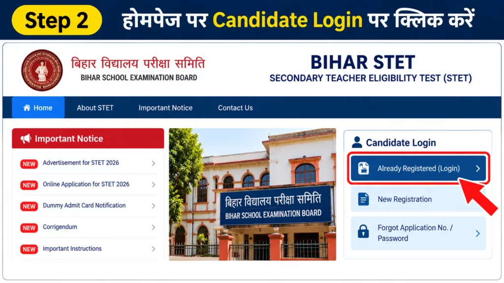 Step 2 Homepage पर Candidate Login Already Registered (Login) पर क्लिक करें।